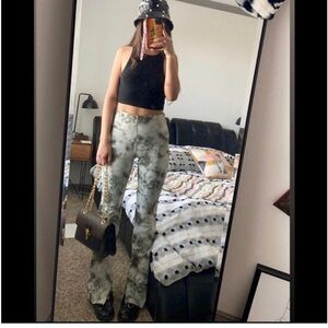 Zara XL Tie Dye Green Pull On Flare Leg Pants Leggings Nylon Blend